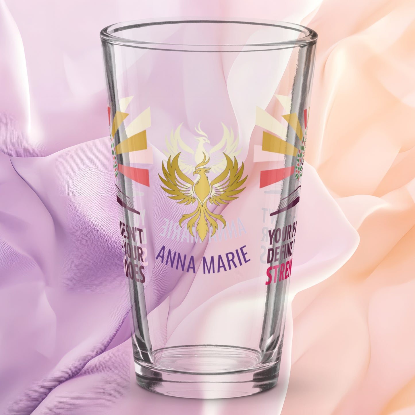 Your Past Doesn’t Define You Your Strength Does pint glass, trauma recovery quote, empowerment drinkware