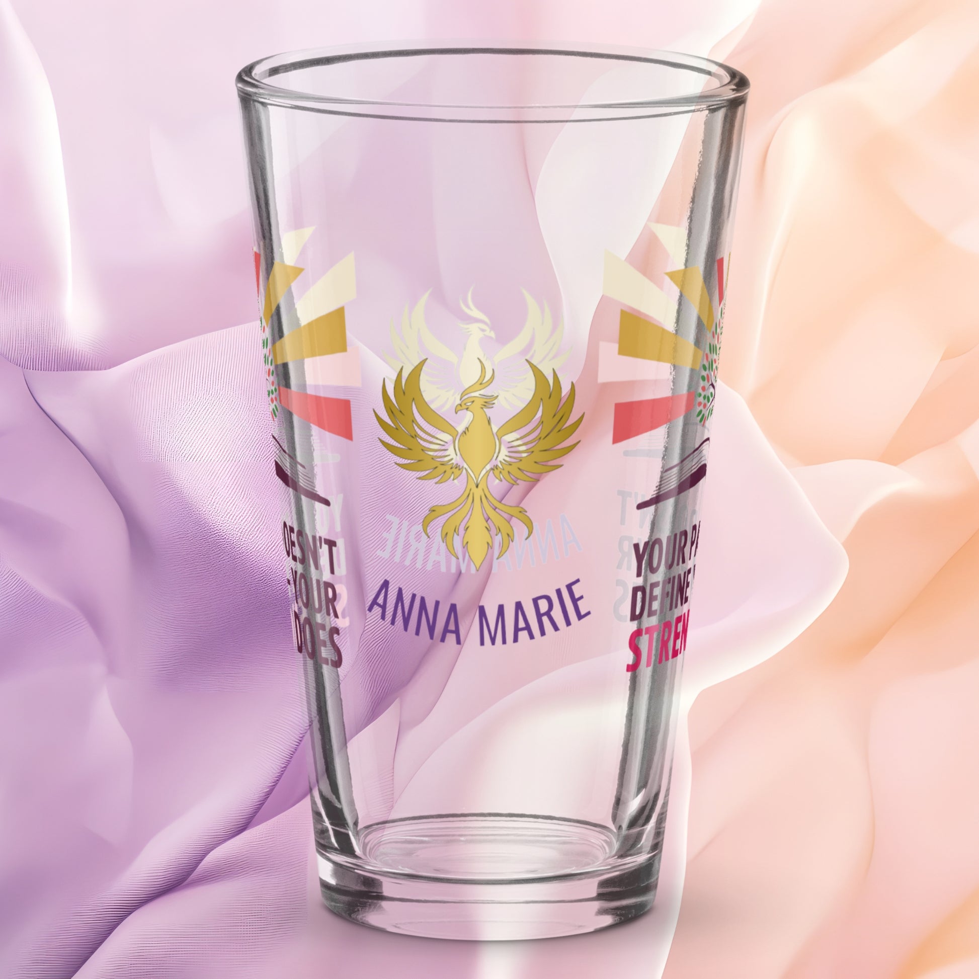 Your Past Doesn’t Define You Your Strength Does pint glass, trauma recovery quote, empowerment drinkware