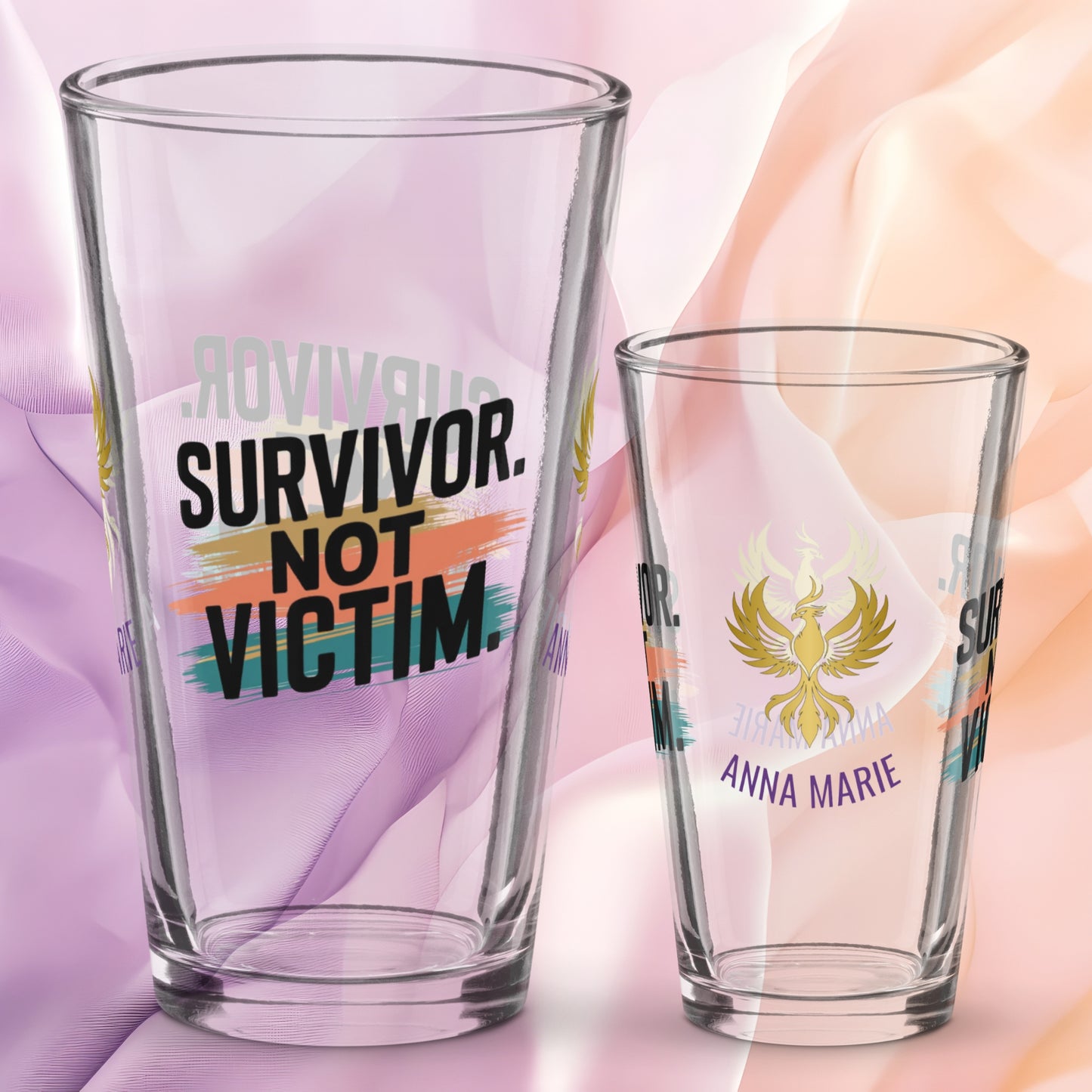 Survivor Not Victim pint glass, empowering quote design, trauma recovery awareness gift