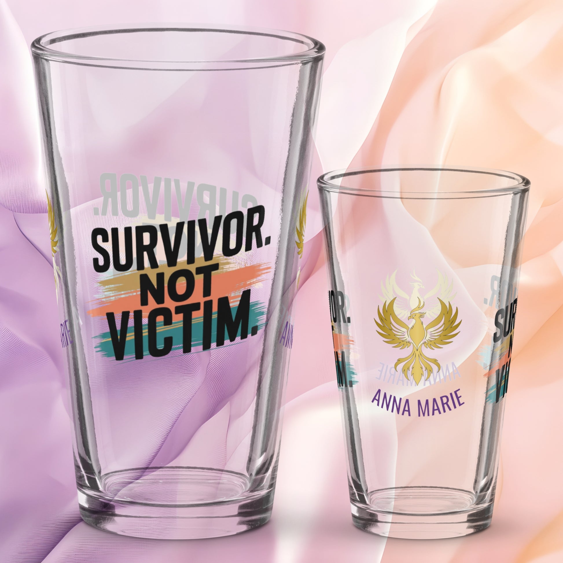 Survivor Not Victim pint glass, empowering quote design, trauma recovery awareness gift