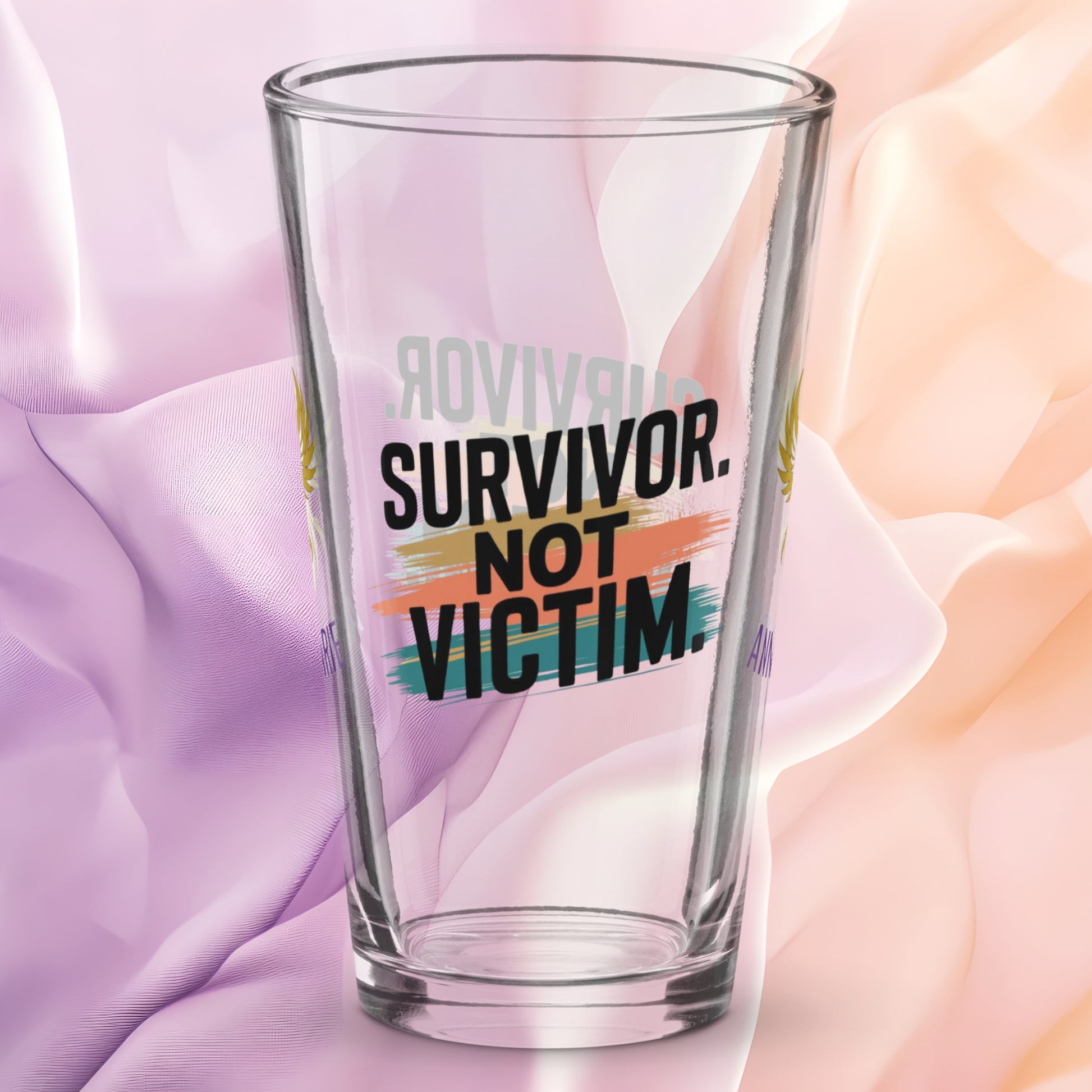 Survivor Not Victim pint glass, empowering quote design, trauma recovery awareness gift