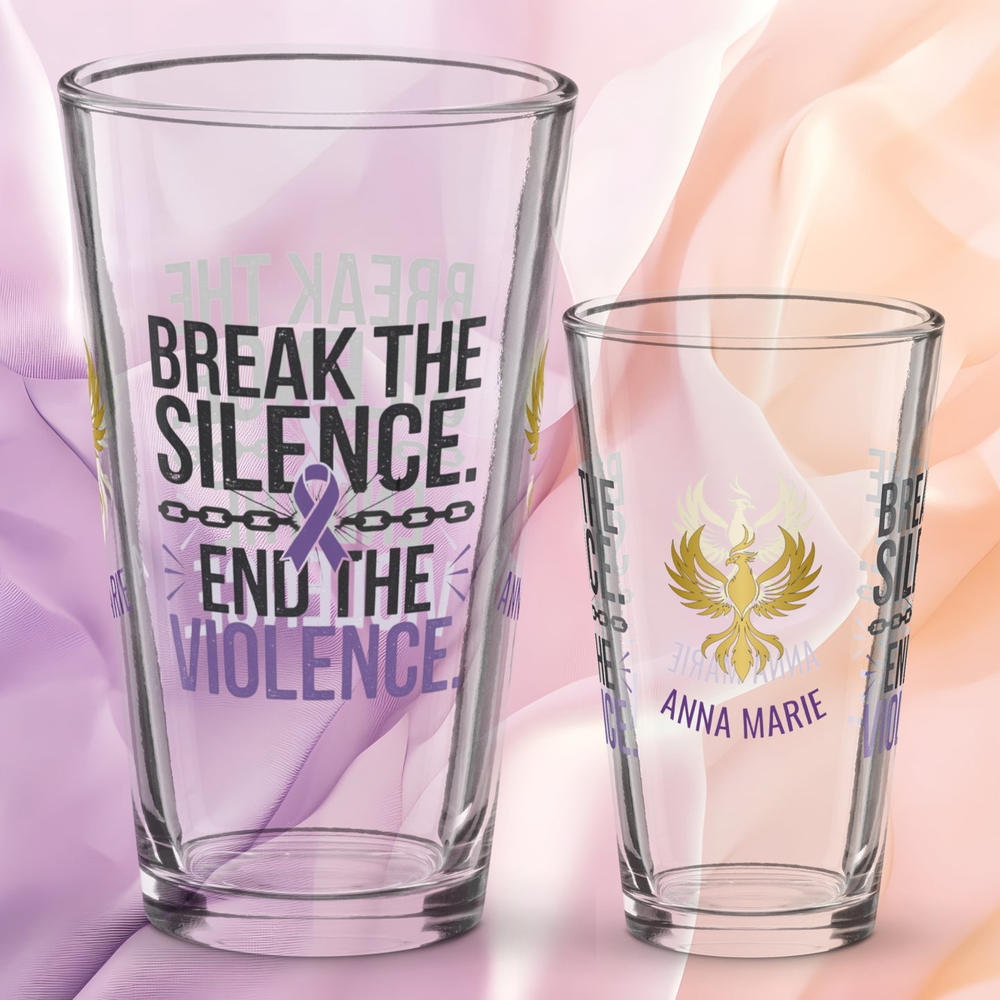 Break the Silence End the Violence pint glass, bold survivor empowerment drinkware, abuse awareness design