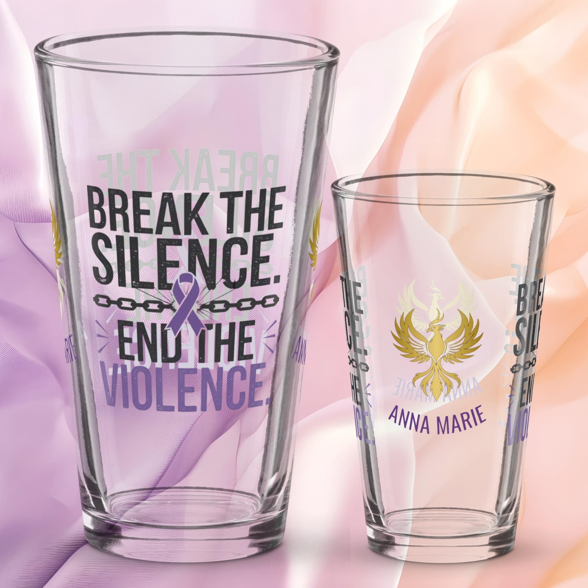 Break the Silence End the Violence pint glass, bold survivor empowerment drinkware, abuse awareness design