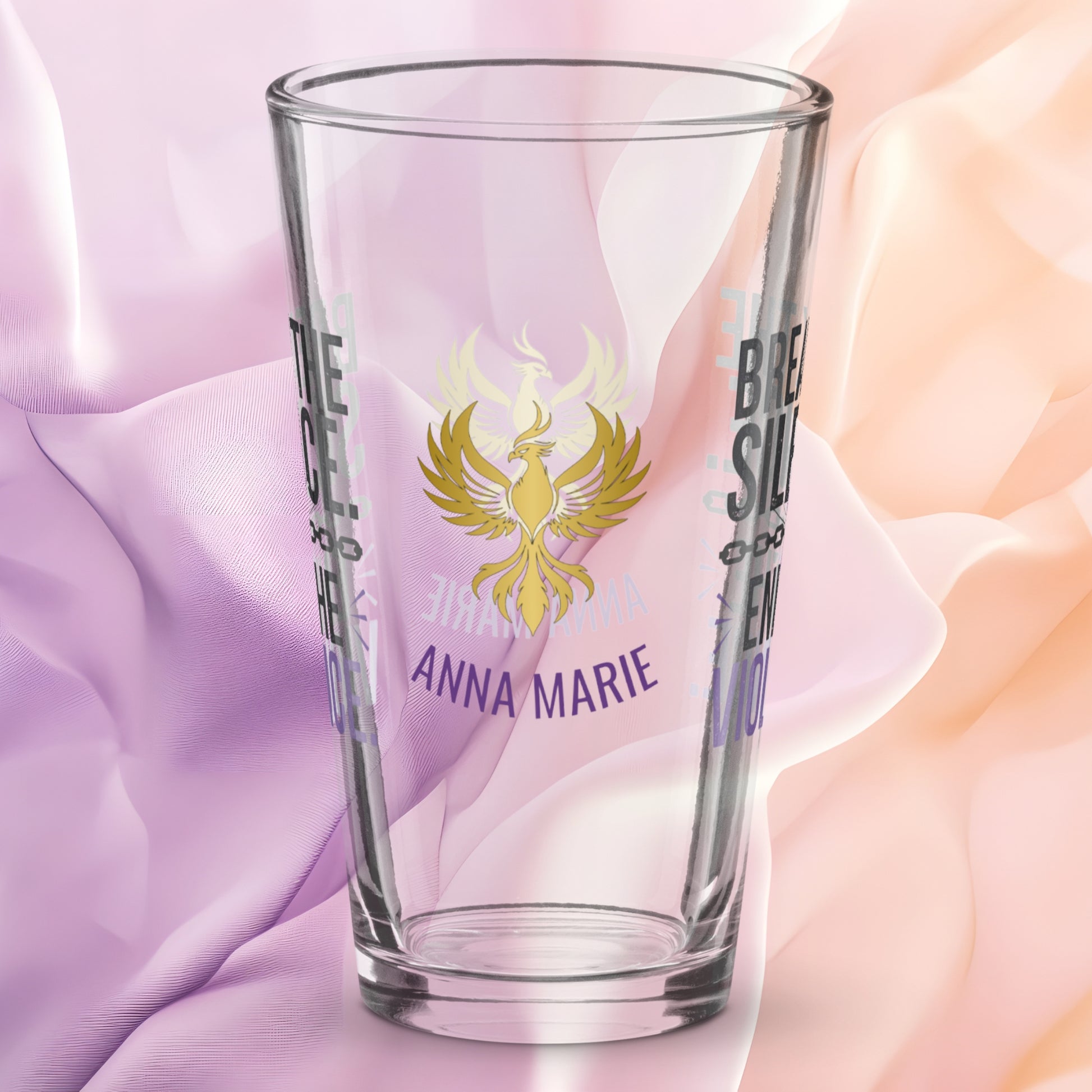 Break the Silence End the Violence pint glass, bold survivor empowerment drinkware, abuse awareness design