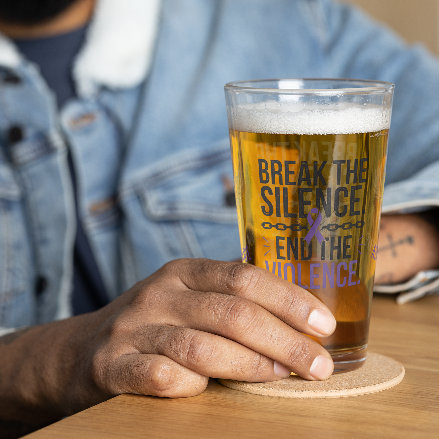 Break the Silence End the Violence pint glass, bold survivor empowerment drinkware, abuse awareness design
