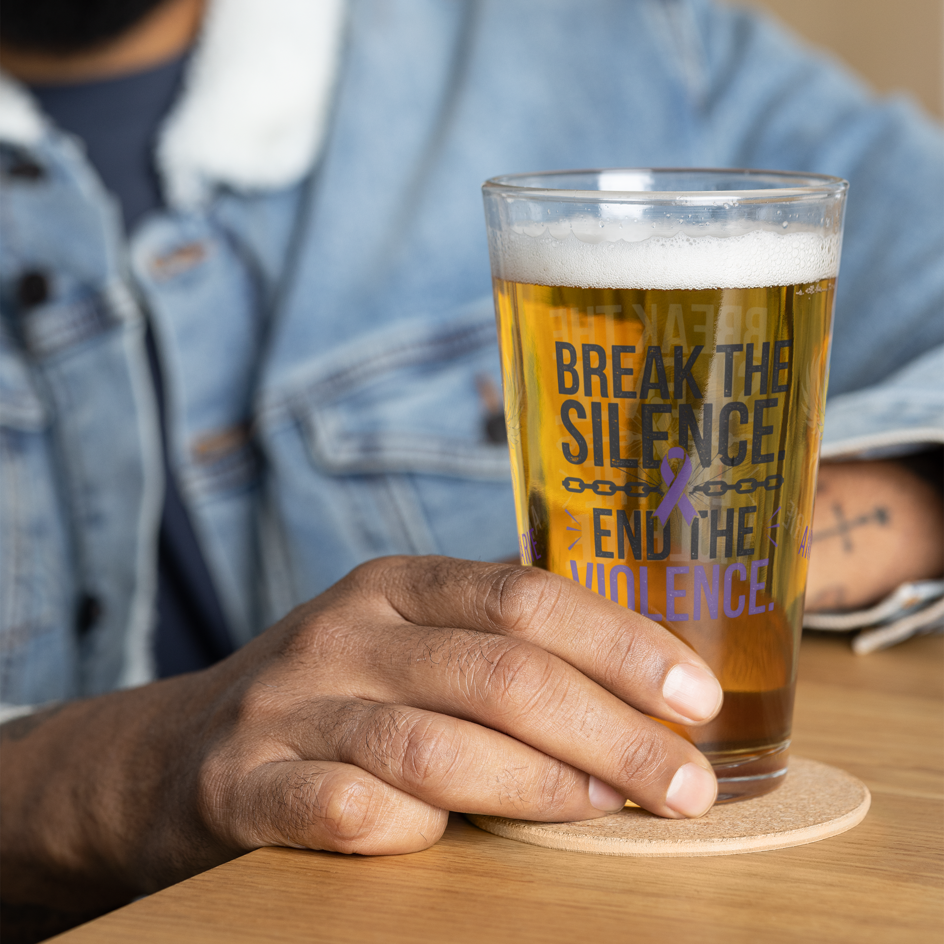 Break the Silence End the Violence pint glass, bold survivor empowerment drinkware, abuse awareness design
