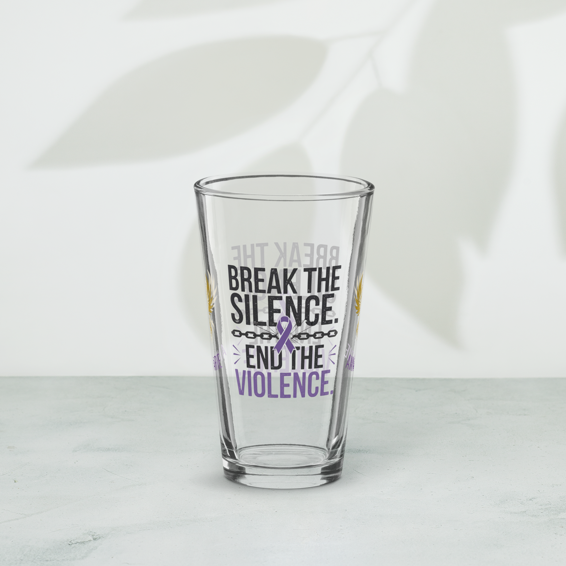 Break the Silence End the Violence pint glass, bold survivor empowerment drinkware, abuse awareness design
