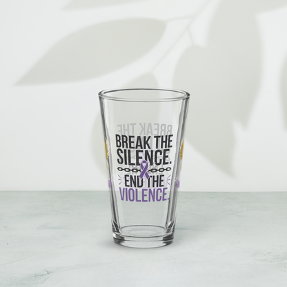 Break the Silence End the Violence pint glass, bold survivor empowerment drinkware, abuse awareness design