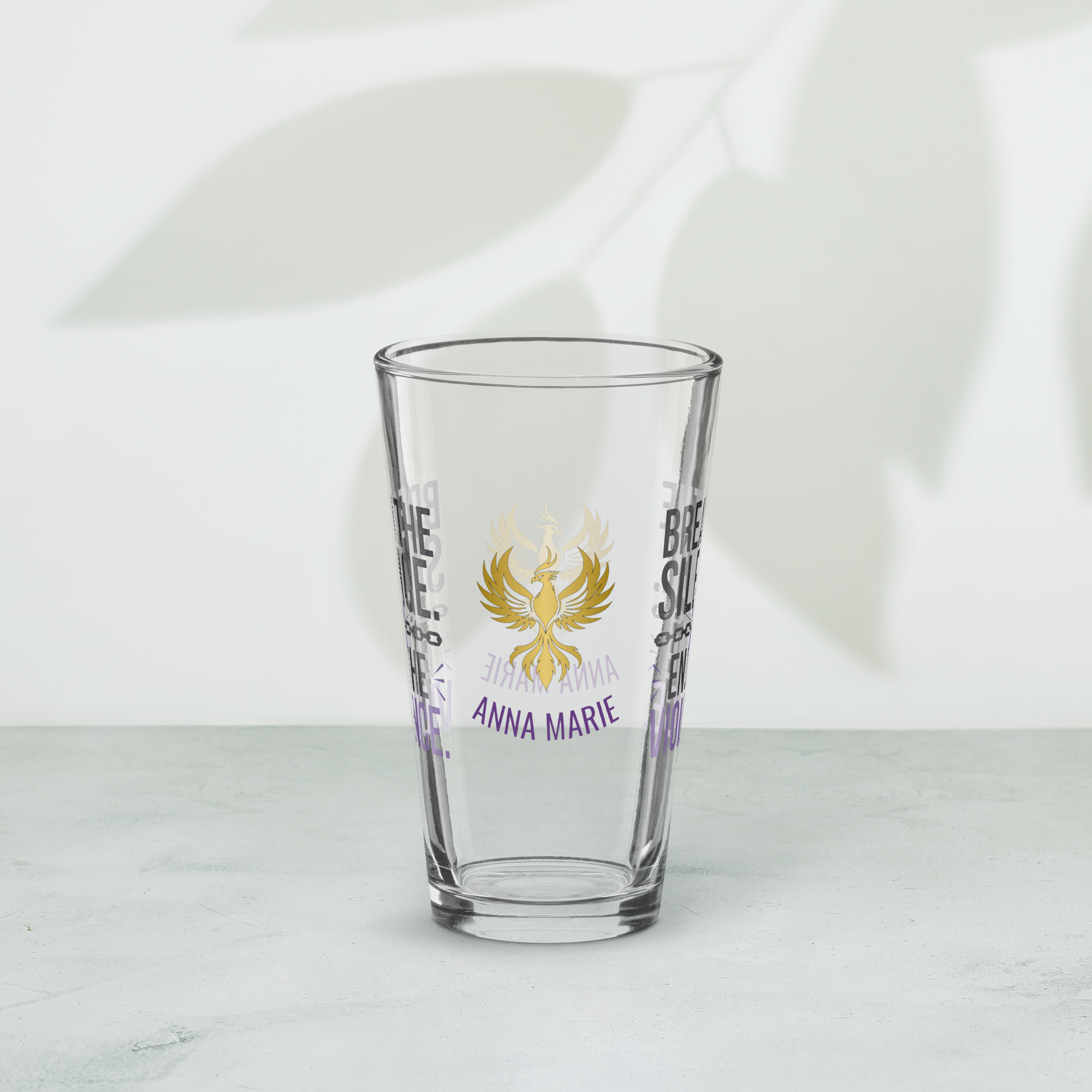 Break the Silence End the Violence pint glass, bold survivor empowerment drinkware, abuse awareness design