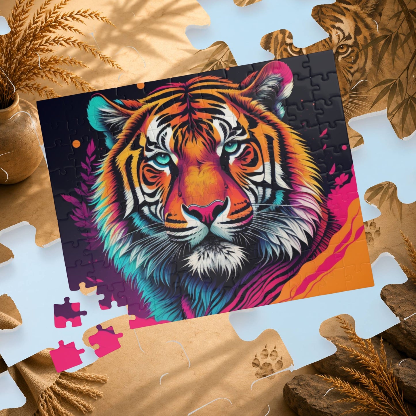 Roar to Renewal - Close-Up Neon Tiger Puzzle with Teal Eyes and Magenta Splatter Art