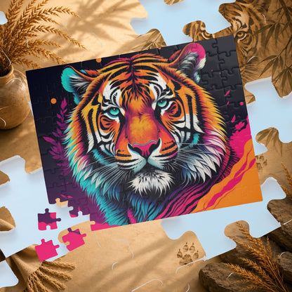 Roar to Renewal - Close-Up Neon Tiger Puzzle with Teal Eyes and Magenta Splatter Art