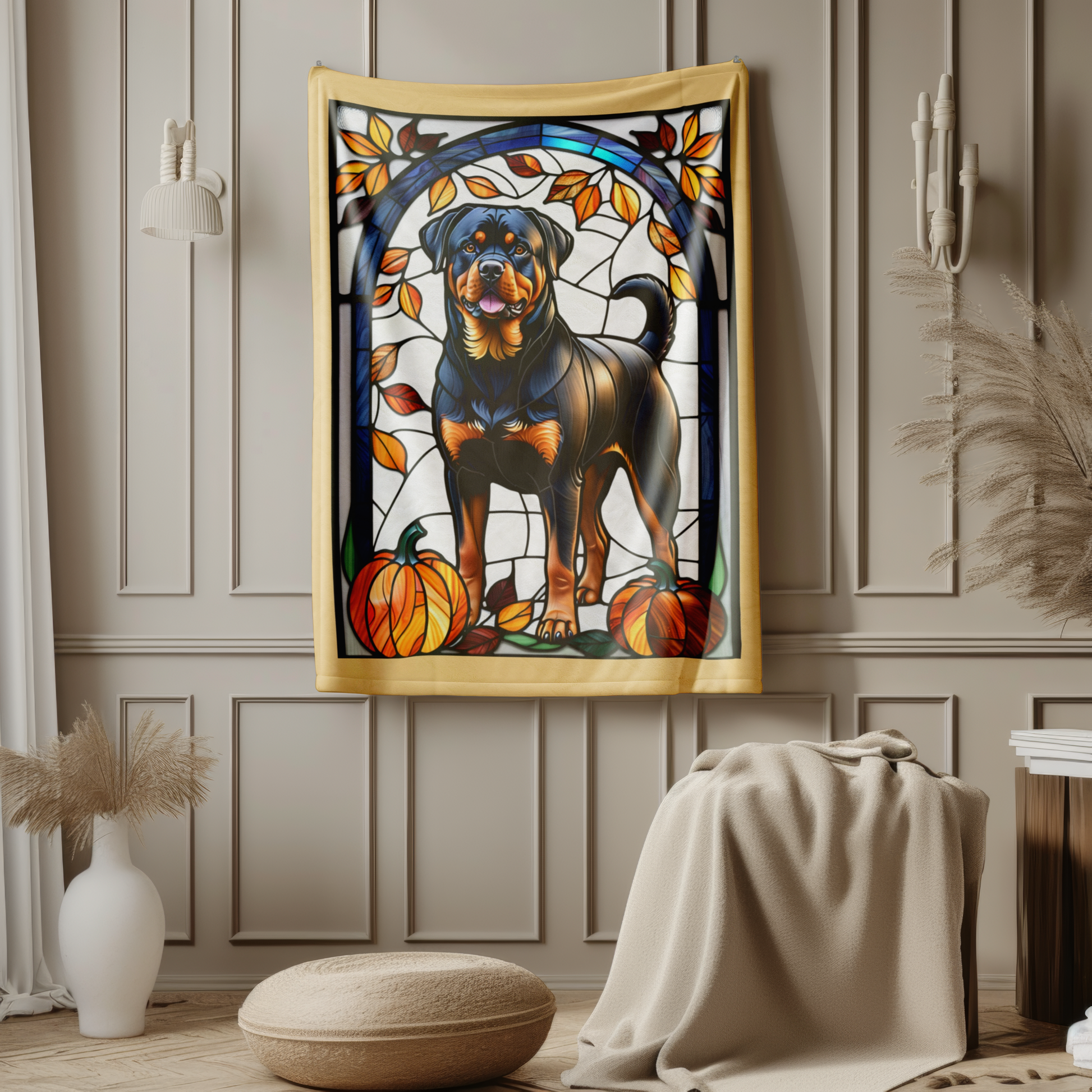 Rottweiler stained glass plush blanket in velveteen fabric, perfect cozy gift for Rottie owners