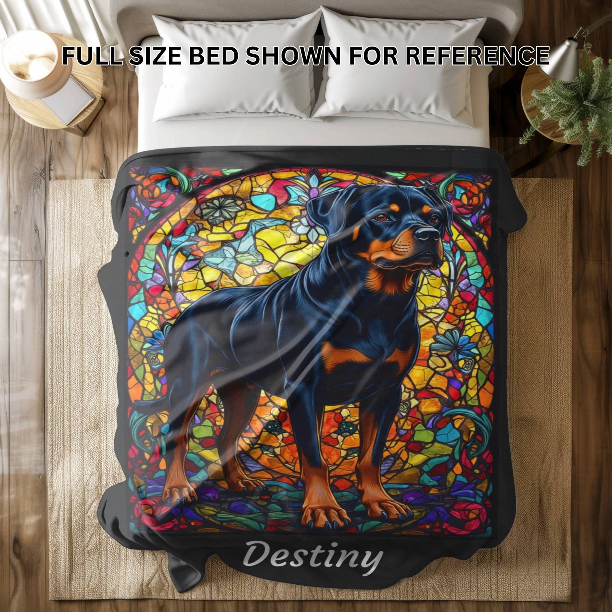 Rottweiler (Black & Rust) Velveteen Plush Stained Glass Dog Blanket, Pet Lover Gift