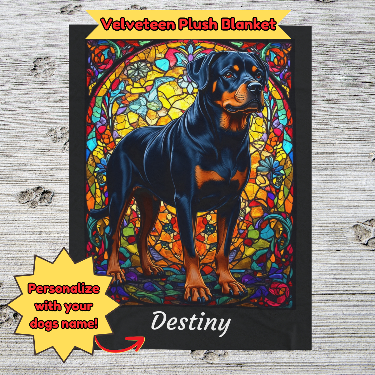 Rottweiler (Black & Rust) Velveteen Plush Stained Glass Dog Blanket, Pet Lover Gift