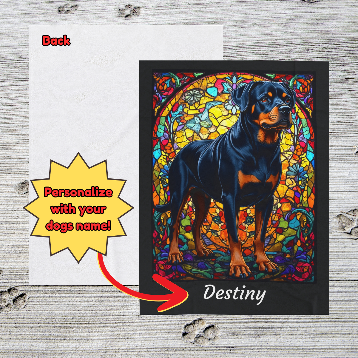 Rottweiler (Black & Rust) Velveteen Plush Stained Glass Dog Blanket, Pet Lover Gift
