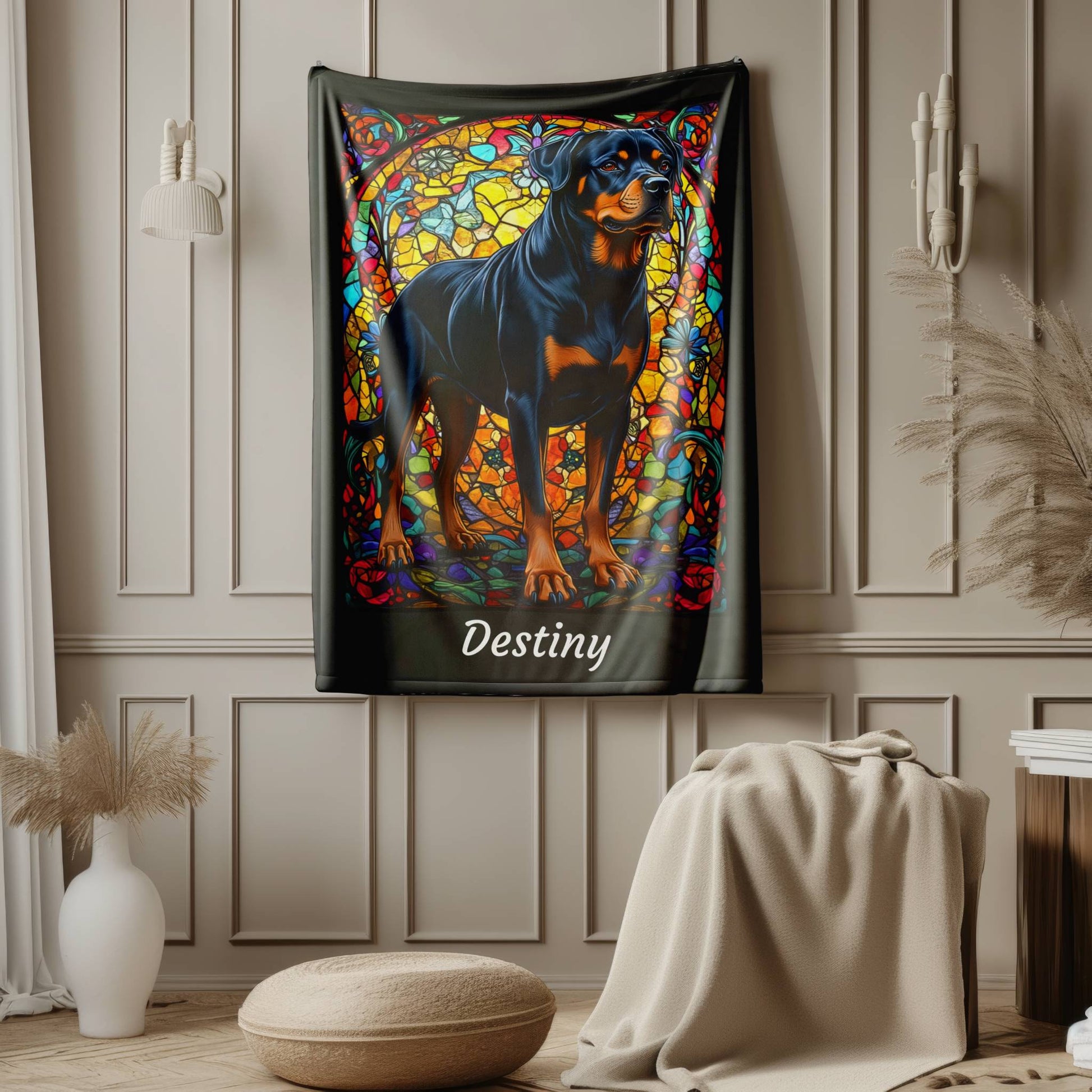 Rottweiler (Black & Rust) Velveteen Plush Stained Glass Dog Blanket, Pet Lover Gift