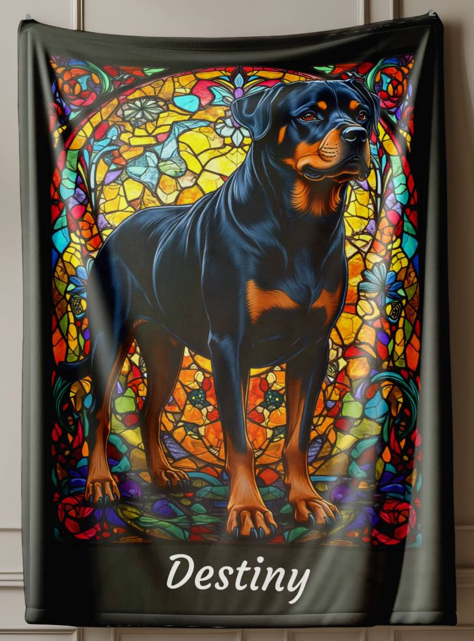 Rottweiler (Black & Rust) Velveteen Plush Stained Glass Dog Blanket, Pet Lover Gift