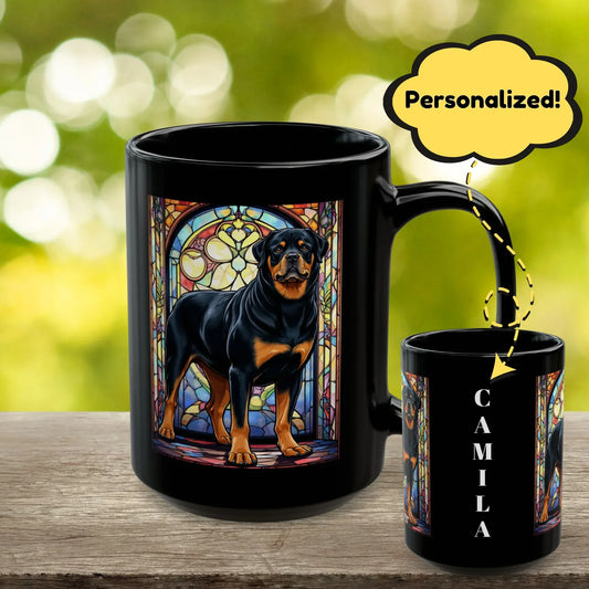 Shop our rottweiler black tan personalized mug with stained glass design 11oz 15oz featuring the 15oz style option from MySisterIsASurvivor.