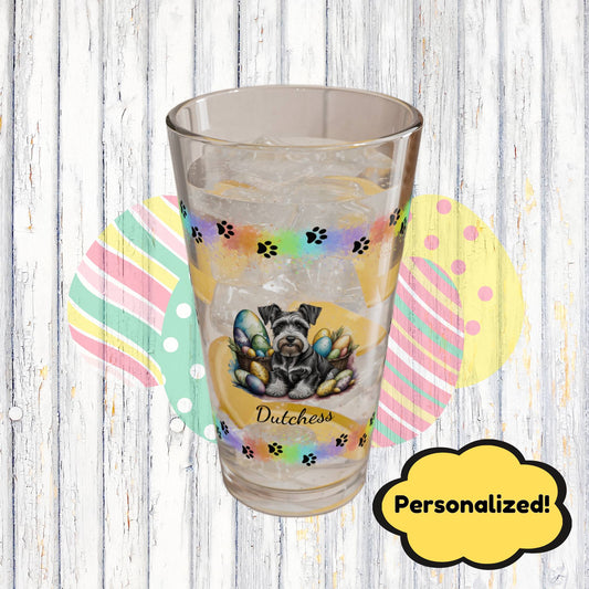 Schnauzer (Gray) Personalized Easter Puppy 16oz Pint Glass - Custom Dog Design, Mental Health Gift, Easter Décor, and Festive Celebrations