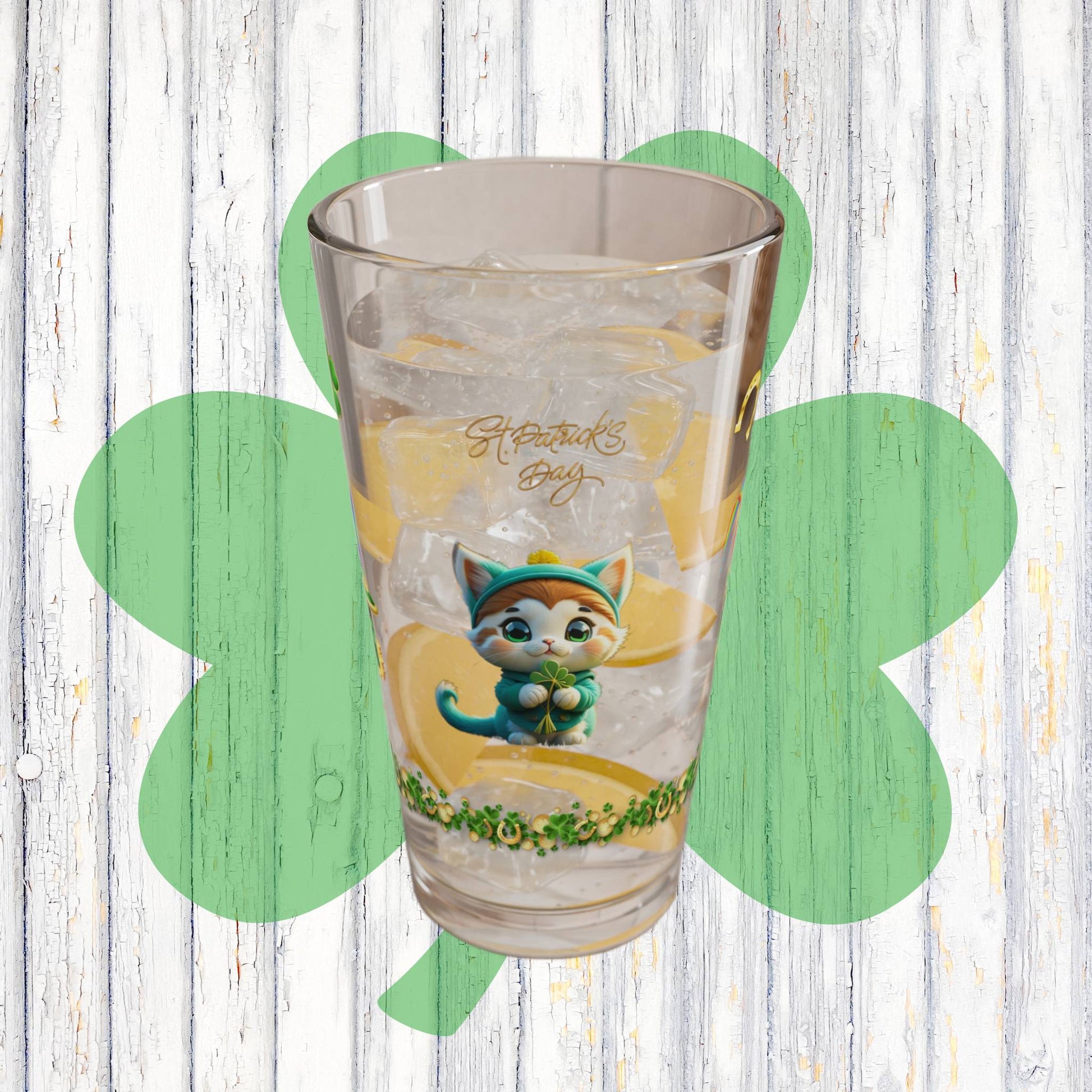 Serene Shamrock Kitty: Mindful St. Patrick's Day 16oz Pint Glasses - Festive Design for Positivity & Wellness