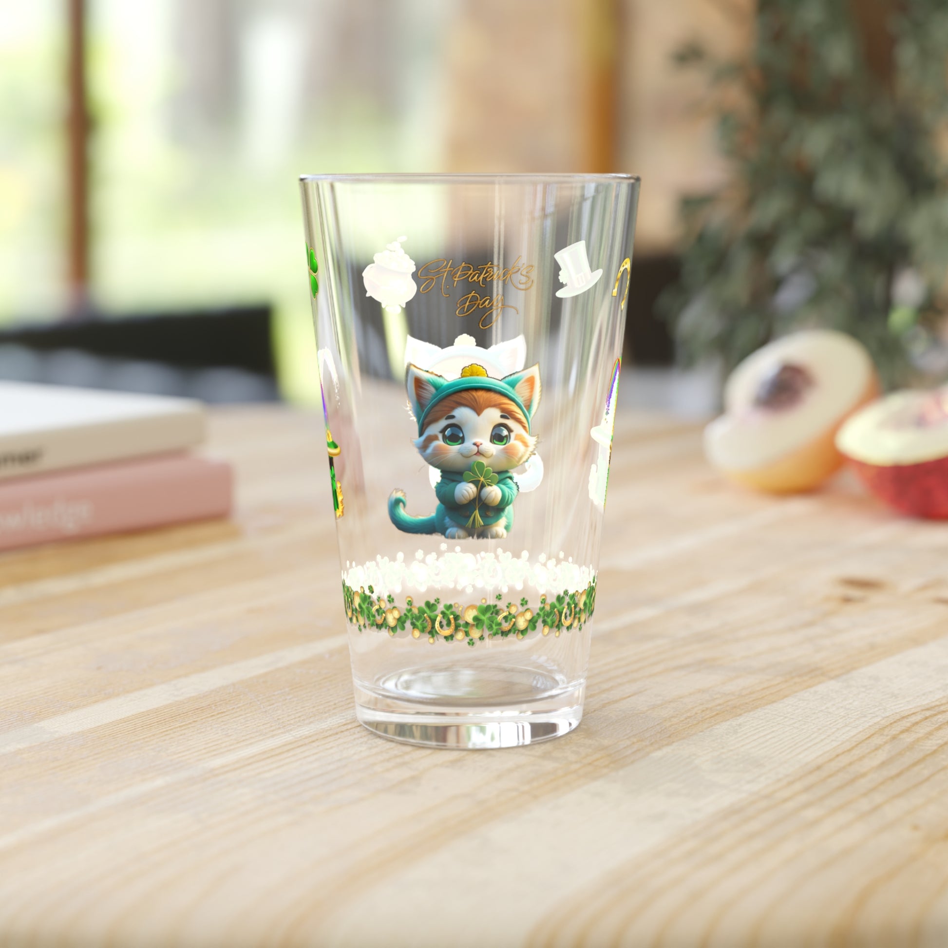 Serene Shamrock Kitty: Mindful St. Patrick's Day 16oz Pint Glasses - Festive Design for Positivity & Wellness