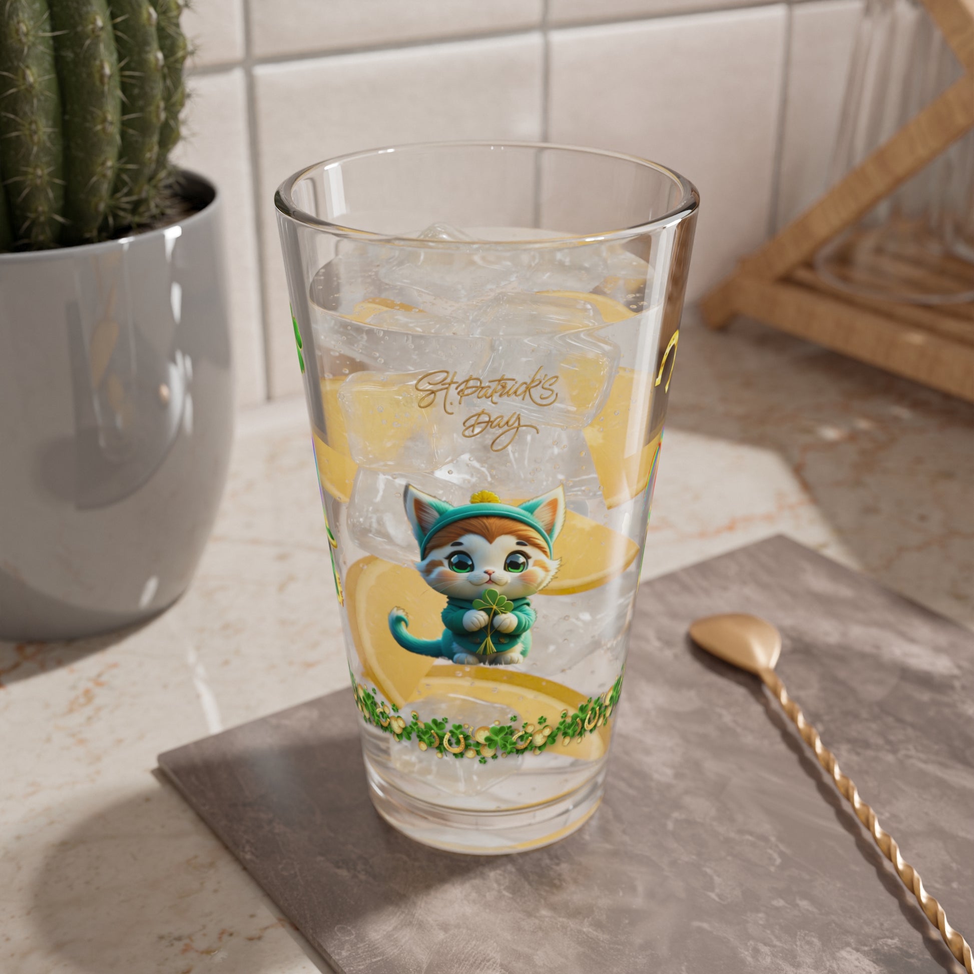 Serene Shamrock Kitty: Mindful St. Patrick's Day 16oz Pint Glasses - Festive Design for Positivity & Wellness