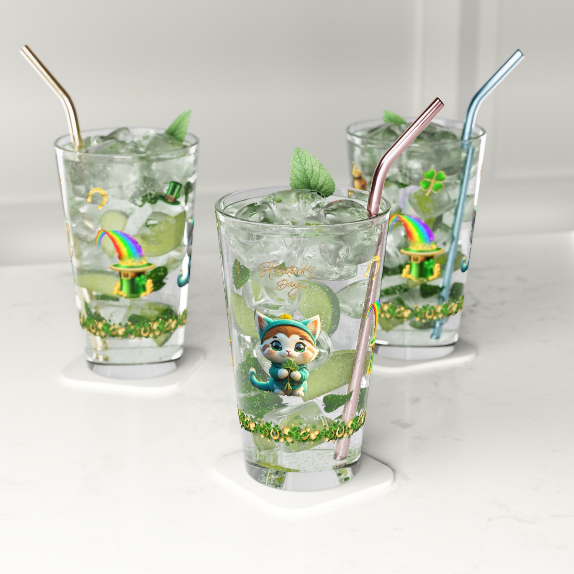 Serene Shamrock Kitty: Mindful St. Patrick's Day 16oz Pint Glasses - Festive Design for Positivity & Wellness