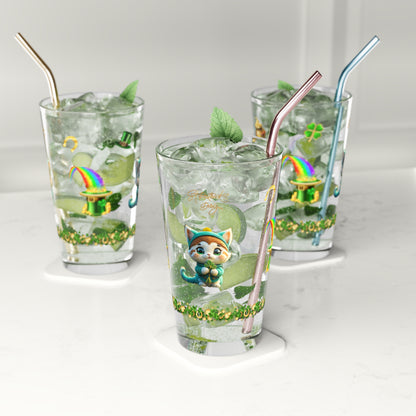 Serene Shamrock Kitty: Mindful St. Patrick's Day 16oz Pint Glasses - Festive Design for Positivity & Wellness