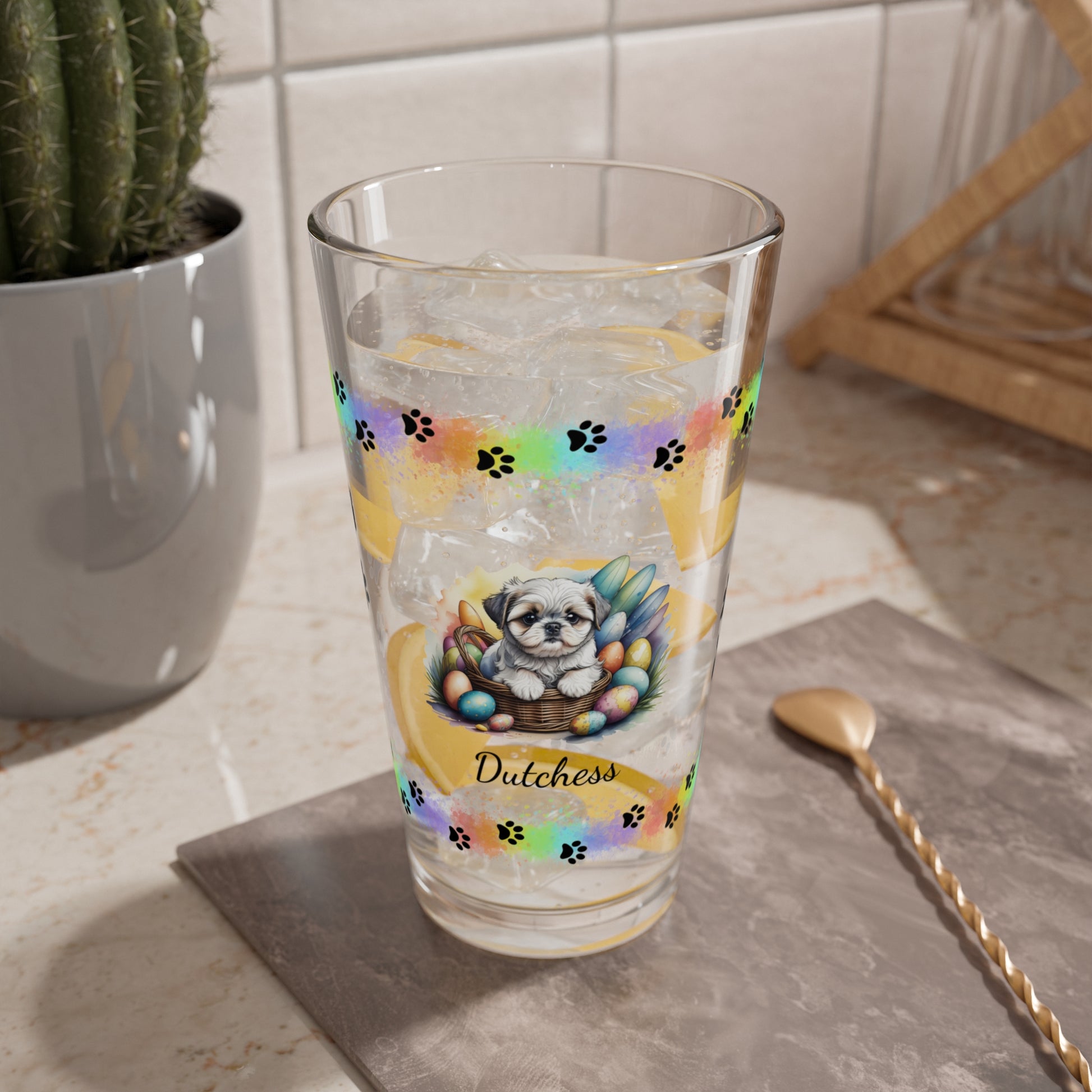 Shih Tzu (Silver & White) Personalized Easter Puppy 16oz Pint Glass - Custom Dog Design, Mental Health Gift, Easter Décor, and Festive Celebrations
