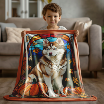 Soft velveteen Red and White Husky blanket with vibrant stained glass design, perfect dog lover gift