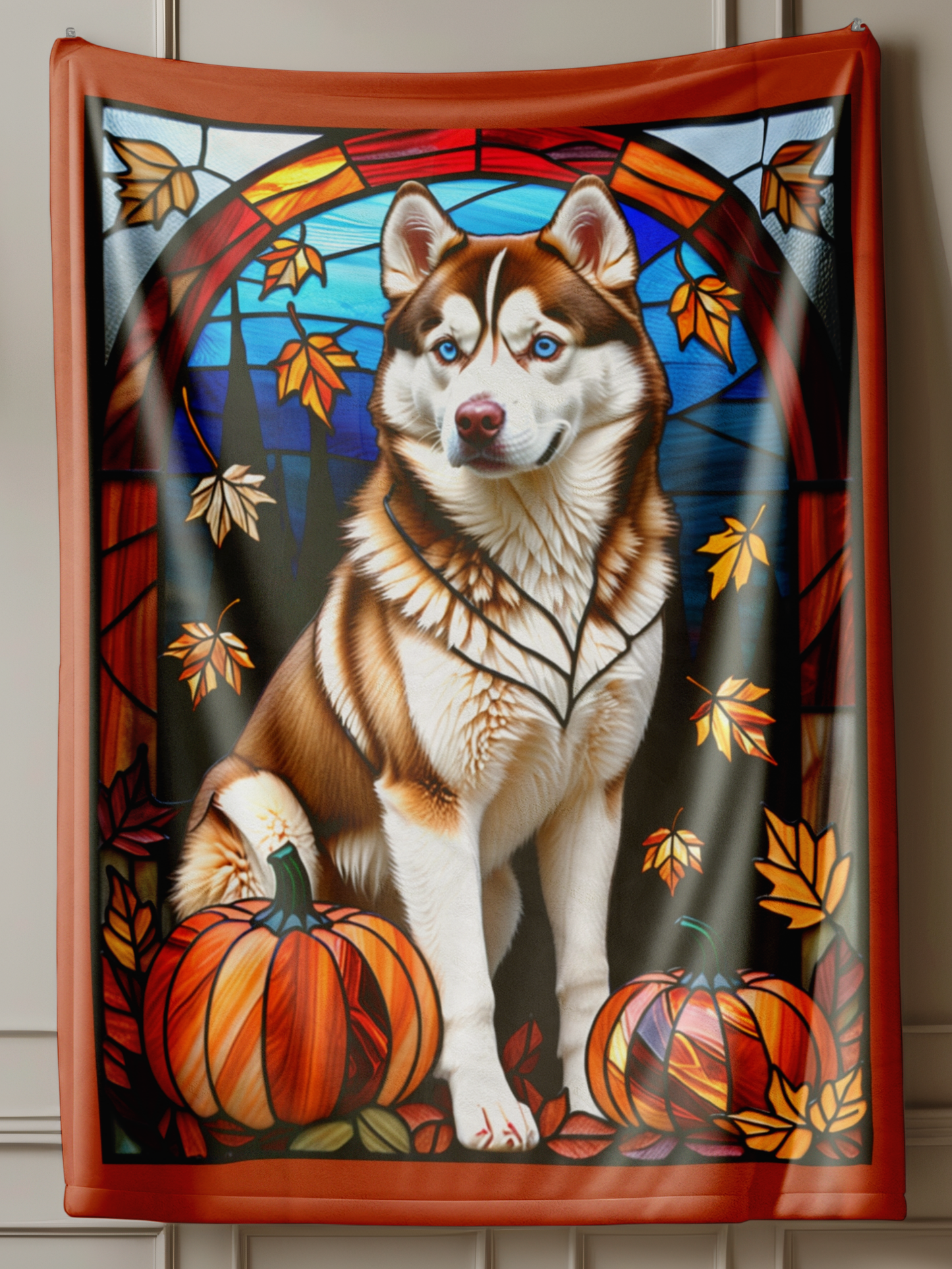 Soft velveteen Red and White Husky blanket with vibrant stained glass design, perfect dog lover gift