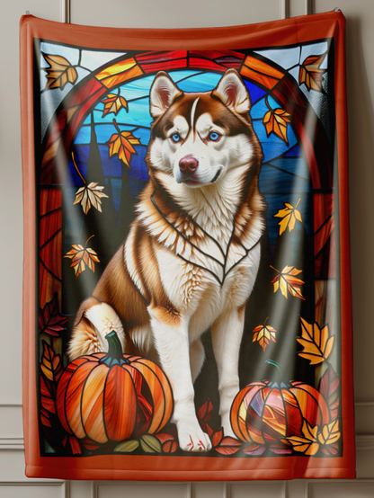 Soft velveteen Red and White Husky blanket with vibrant stained glass design, perfect dog lover gift