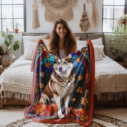 Soft velveteen Red and White Husky blanket with vibrant stained glass design, perfect dog lover gift