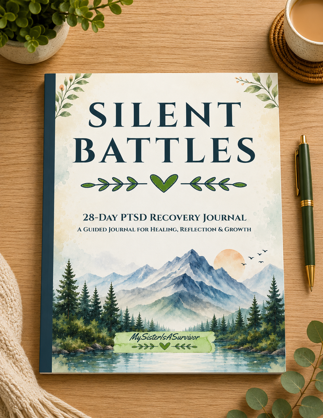 Book titled 'Silent Battles' on a wooden surface with a pen and cup of coffee.