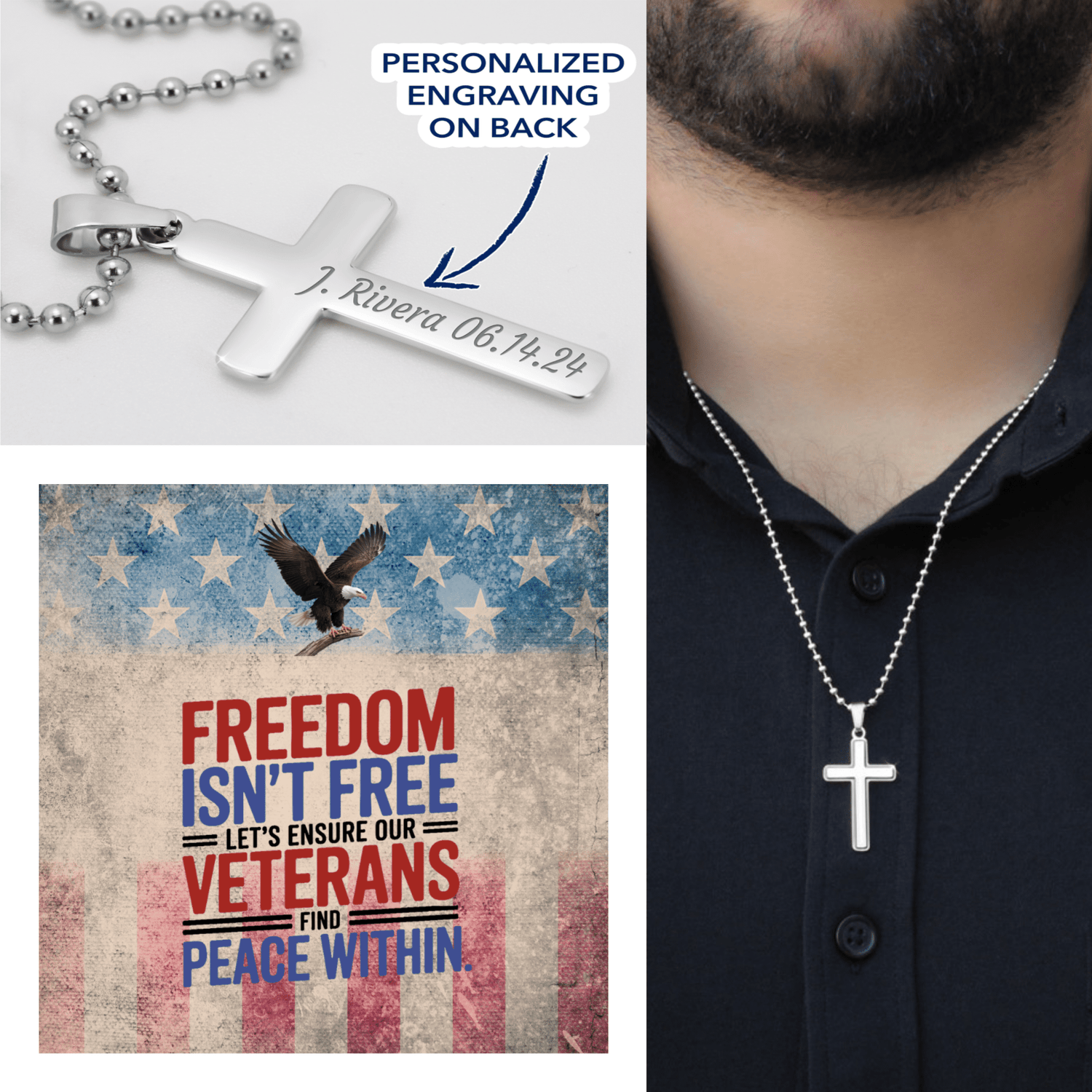 Engraved cross necklace with "Freedom Isn't Free" - personalized military memorial jewelry for PTSD support and veterans