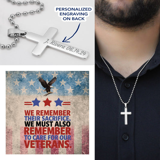 Engraved cross necklace with "We Remember Their Sacrifice" - military memorial gift for healing and honor