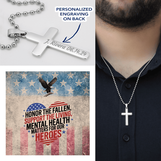 Honor the Fallen engraved cross necklace - remembrance jewelry for soldiers, veterans, and Memorial Day gifting