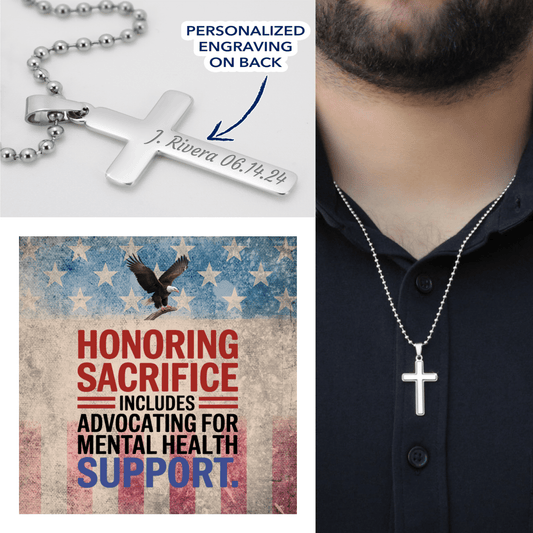 Stainless steel cross necklace engraved with "Honoring Sacrifice" - veteran tribute and PTSD awareness gift