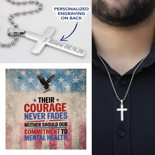 Cross necklace with "Their Courage Never Fades" - engraved tribute for veterans and PTSD awareness