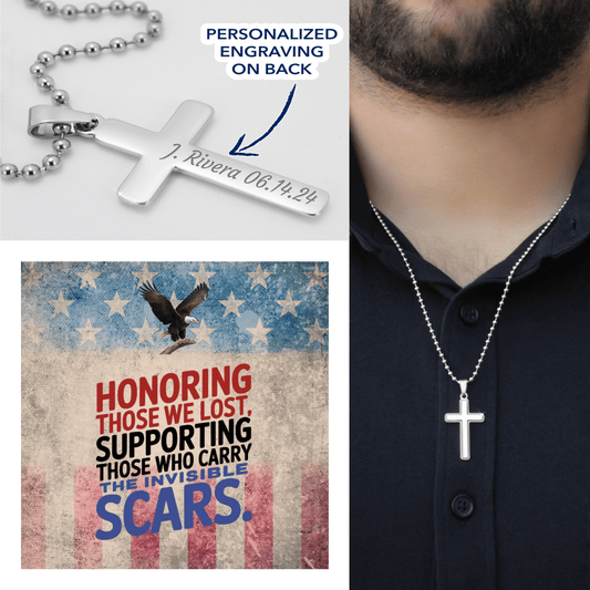Engraved cross necklace with "Honoring Those We Lost" - Memorial Day gift for veterans and remembrance
