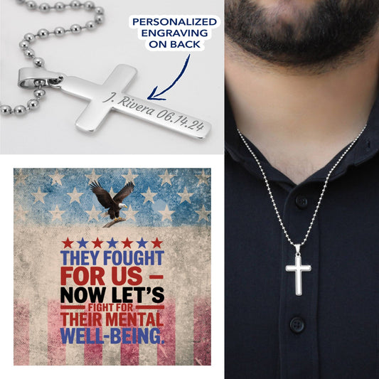 "They Fought for Us" engraved dog tag-style cross - tribute necklace for military service and Memorial Day