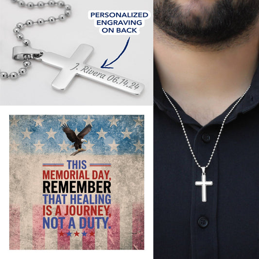 "This Memorial Day, Let's Remember" cross necklace - engraved tribute gift for honoring military loss
