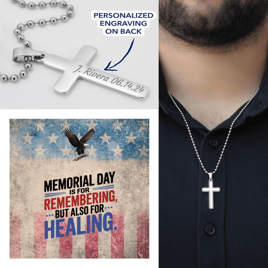 Cross necklace engraved with "Memorial Day Is for Remembering" - tribute jewelry for fallen military heroes