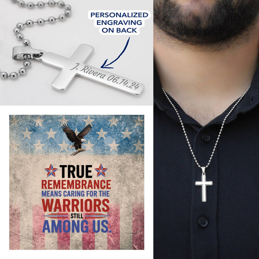 "True Remembrance Means Caring" cross necklace - support jewelry for PTSD warriors and veteran families