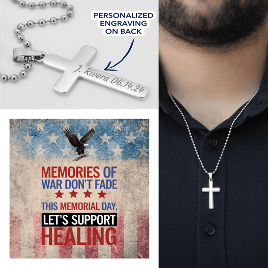 Engraved cross necklace with "Memories of War Don’t Fade" - PTSD awareness and veteran remembrance jewelry