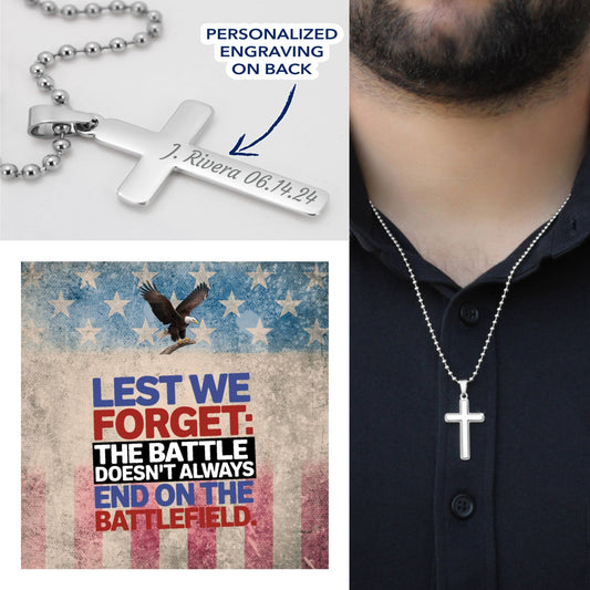 Lest We Forget engraved cross necklace - military memorial gift honoring service, sacrifice, and remembrance