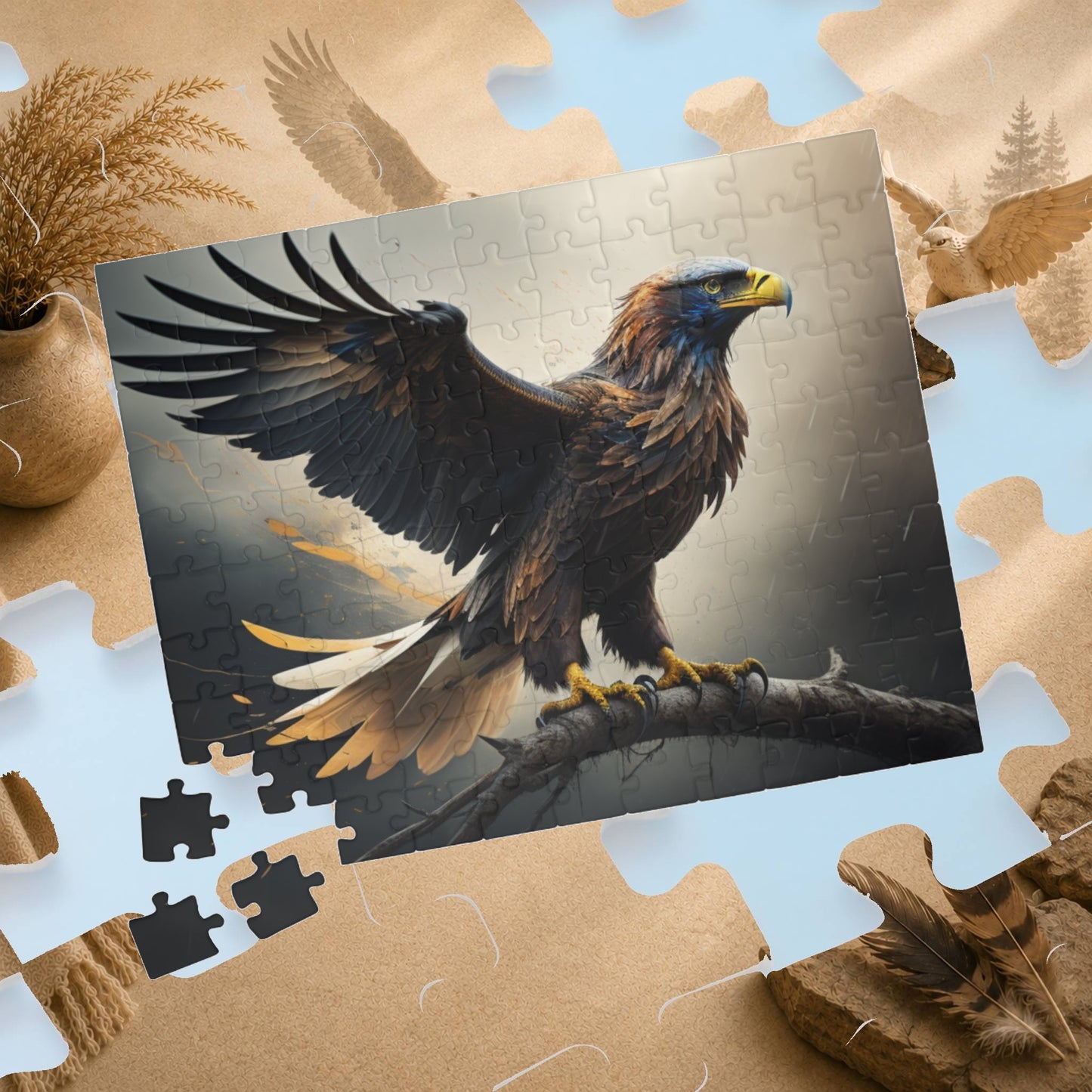 Sky Majesty Triumph - Cinematic Eagle Puzzle with One Wing Raised on Atmospheric Grey Background