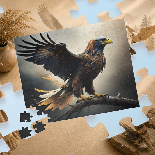 Sky Majesty Triumph - Cinematic Eagle Puzzle with One Wing Raised on Atmospheric Grey Background