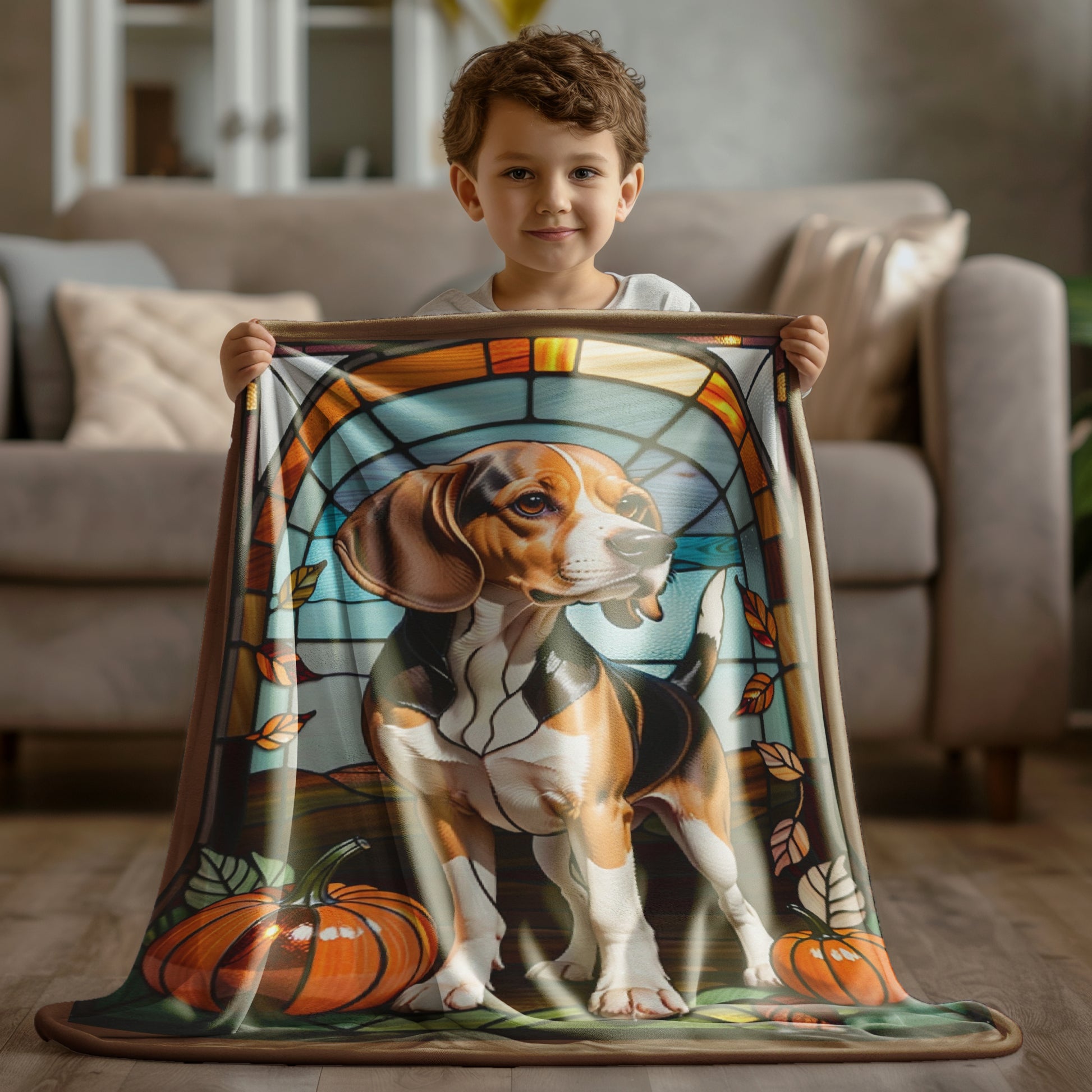 Colorful velveteen Beagle blanket with stained glass design, great for dog moms, dog dads, and Beagle lovers