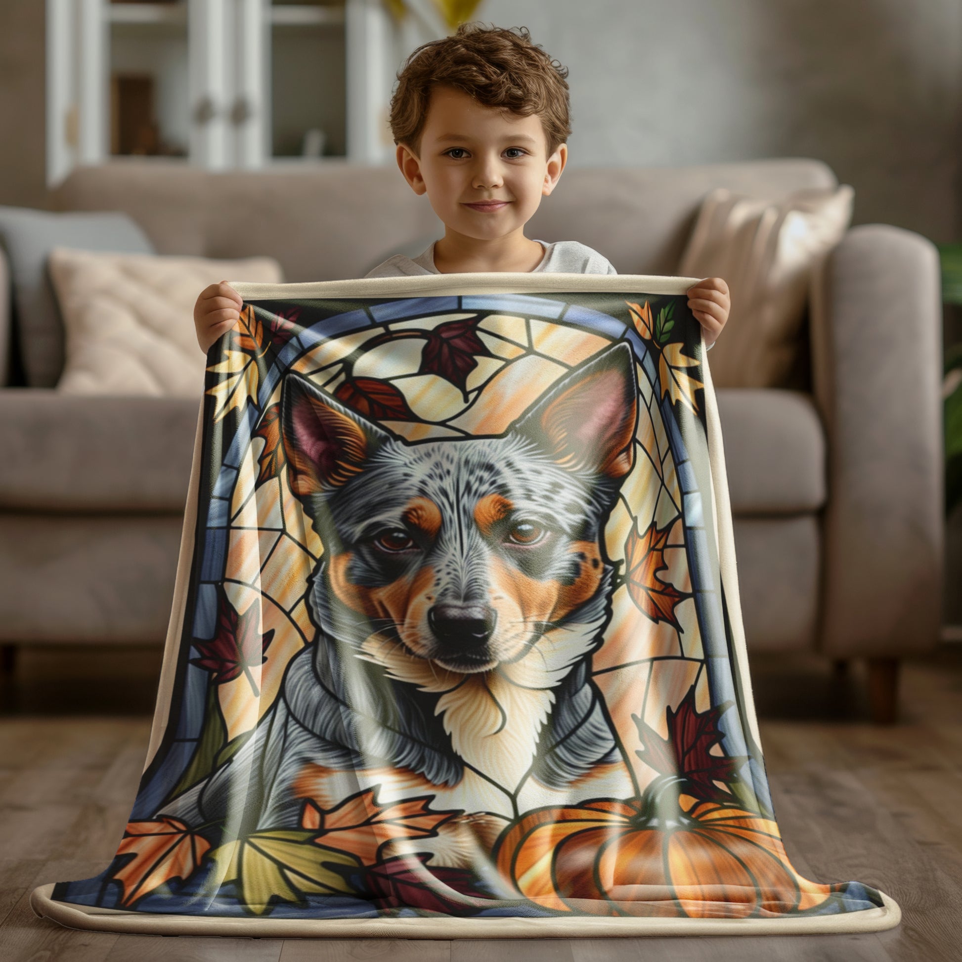 Luxurious Australian Cattle Dog stained glass throw blanket in soft velveteen fabric, thoughtful dog lover gift